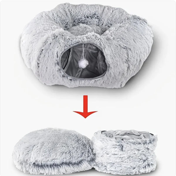 Cozy Plush Cat Tunnel and Nest - Foldable Winter Pet Kennel